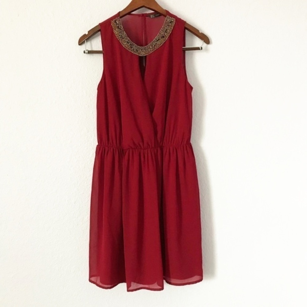 Zara Trafaluc Red Beaded Chiffon Dress S